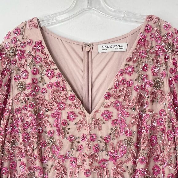 Mac Duggal 5497 Size 14, Floral Beadwork Rose Pink Mesh 3/4 Sleeve Formal Gown - Picture 9 of 13